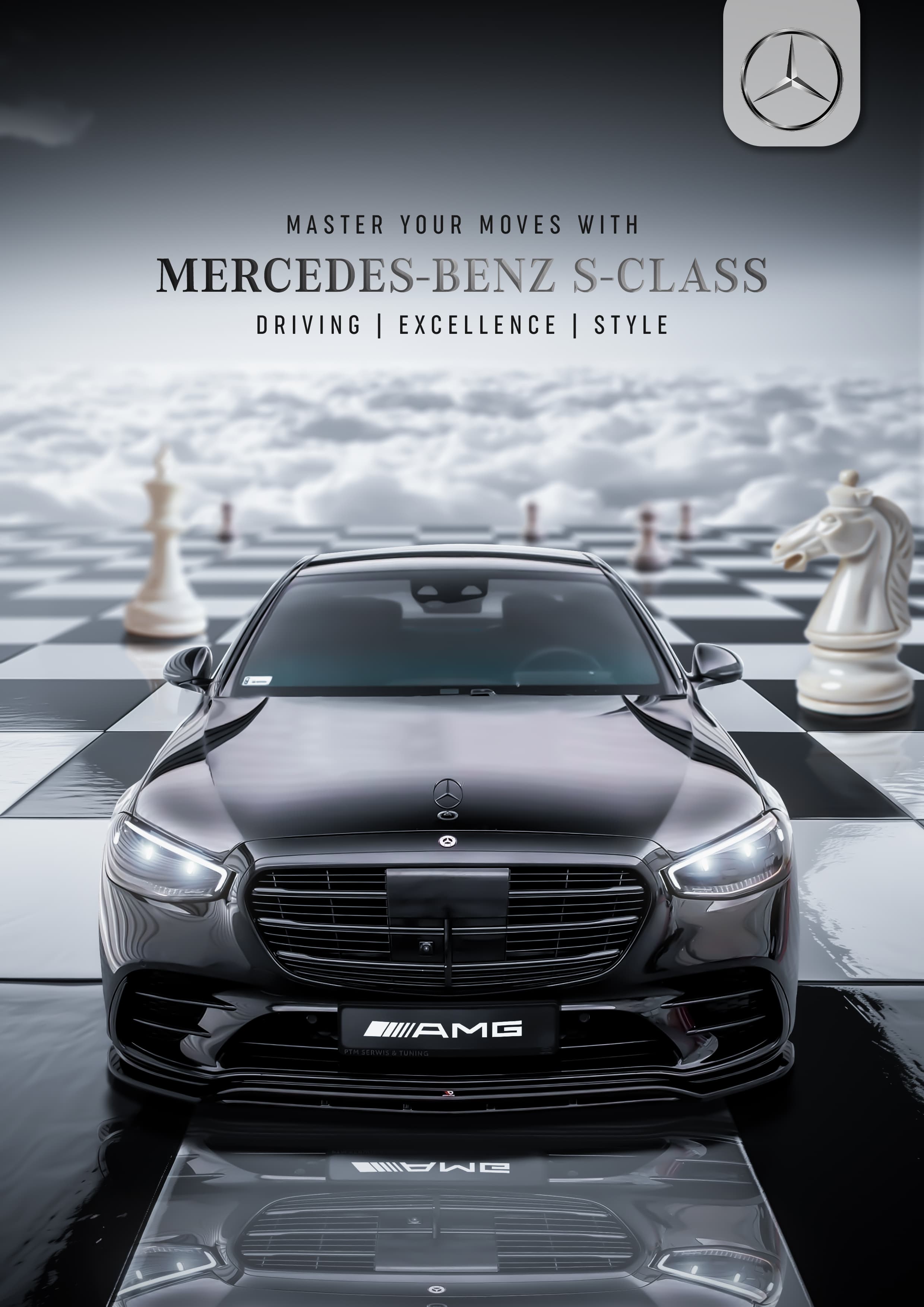Mercedes-Benz S-Class poster featuring a car on a chessboard above the clouds.