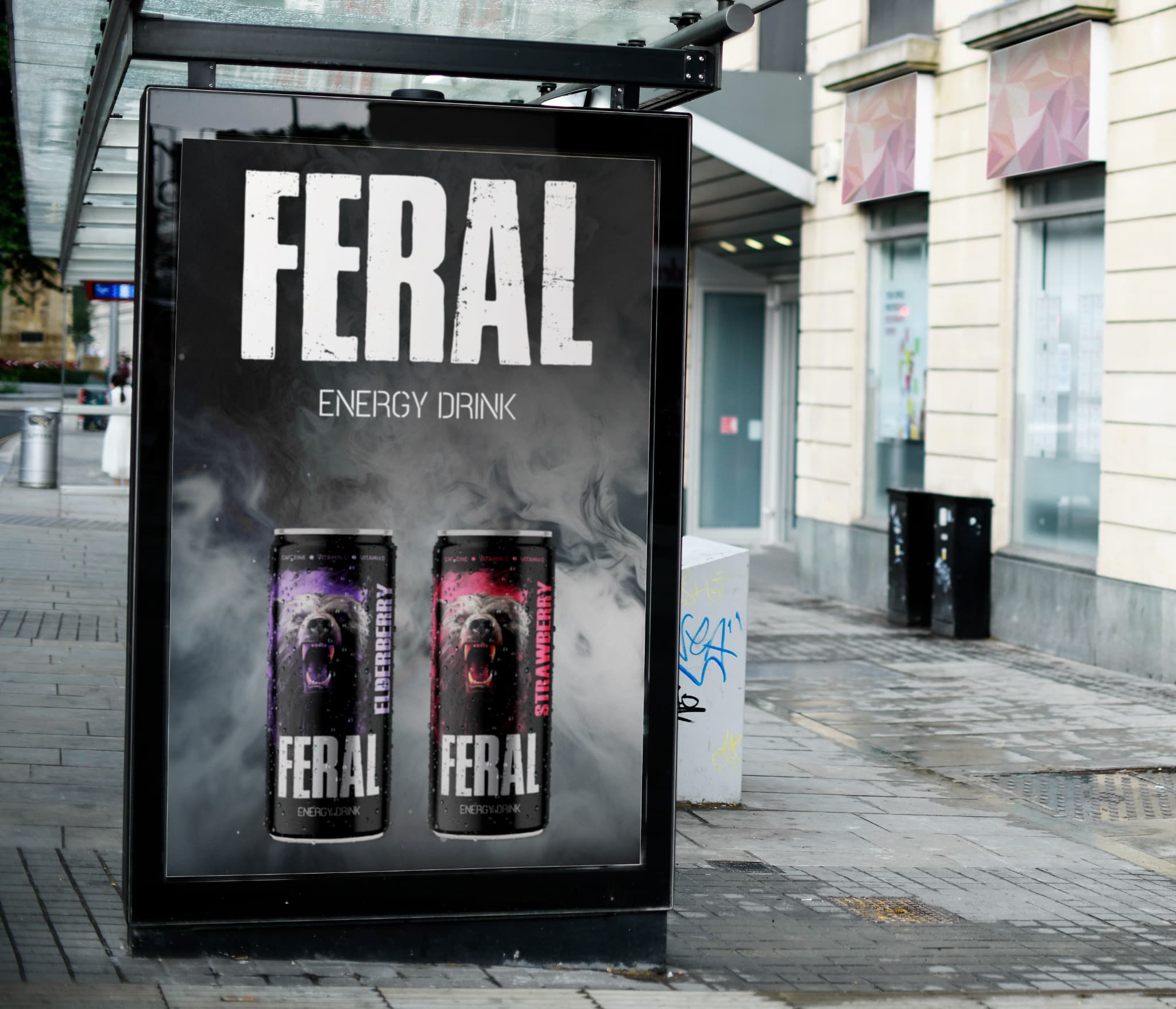 FERAL product poster displayed in a public interior.