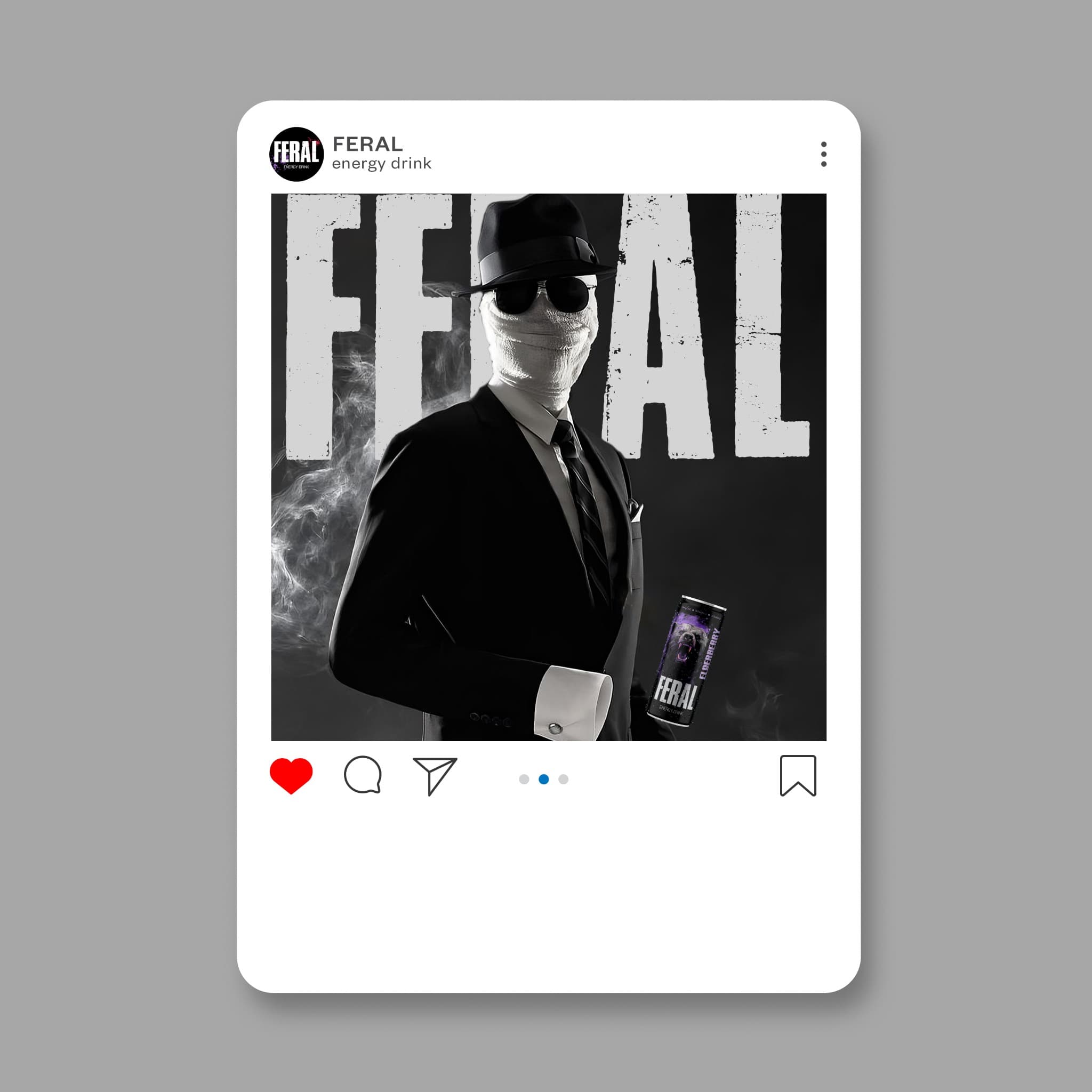 FERAL social campaign mockup featuring a portrait with a can.