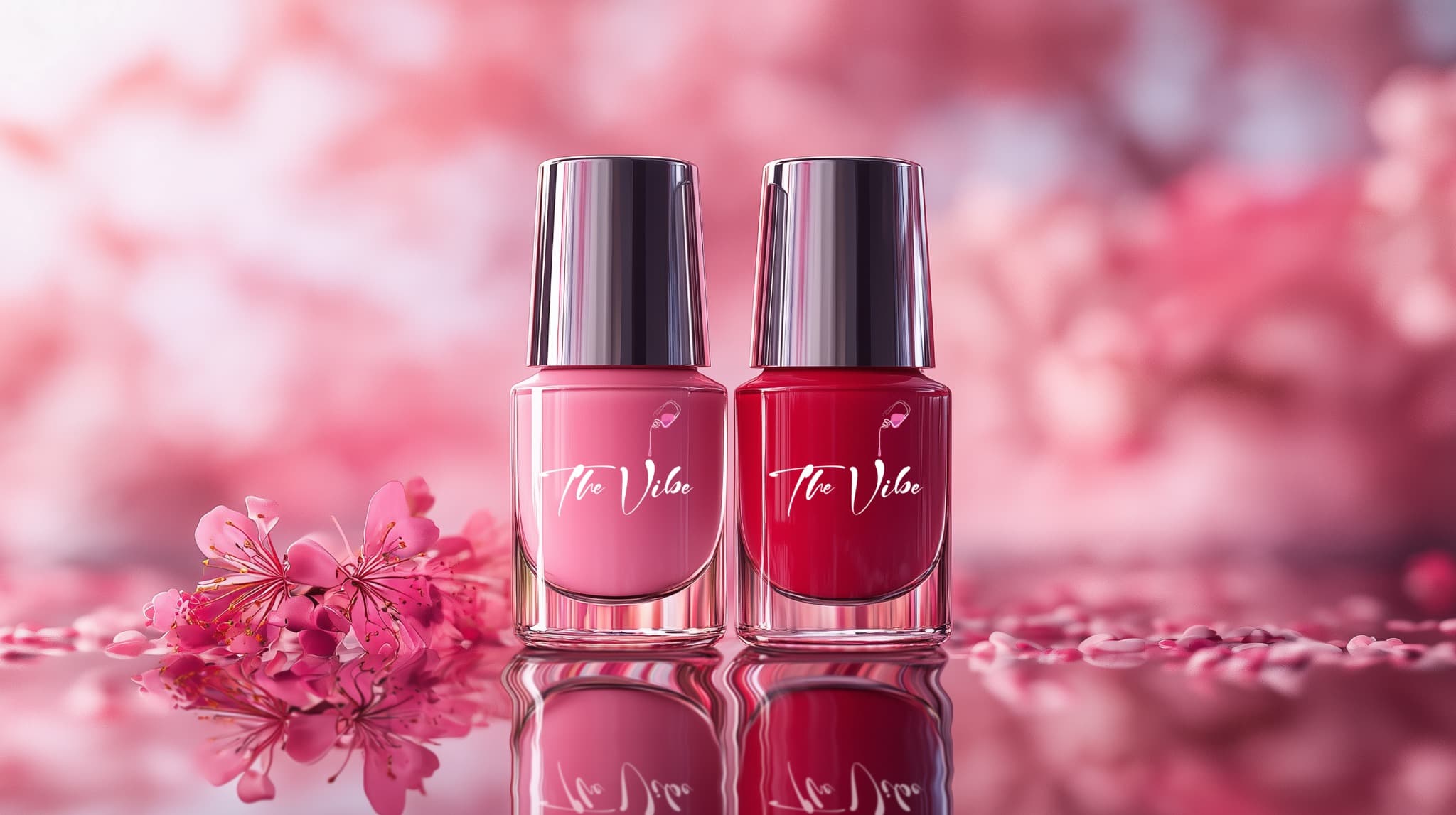 Two THE VIBE nail polish bottles in pink and deep red against a soft pink floral background.