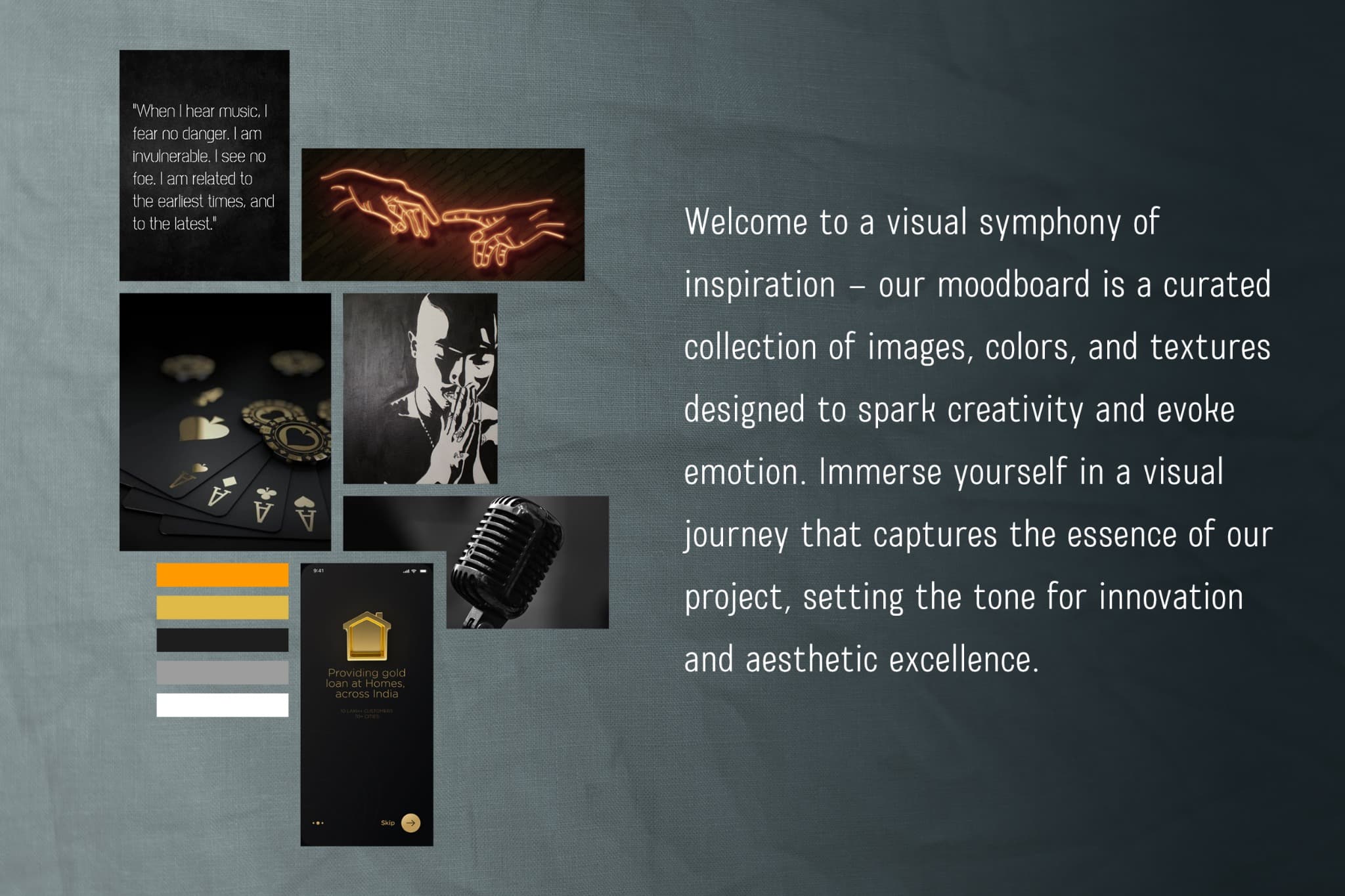 Makaveli Music moodboard combining music imagery, dark tones and warm yellow accents.